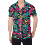 Teal Pink Sugar Skull Pattern Print Men's Shirt