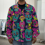 Teal Pink Sugar Skull Pattern Print Men's Shirt Jacket