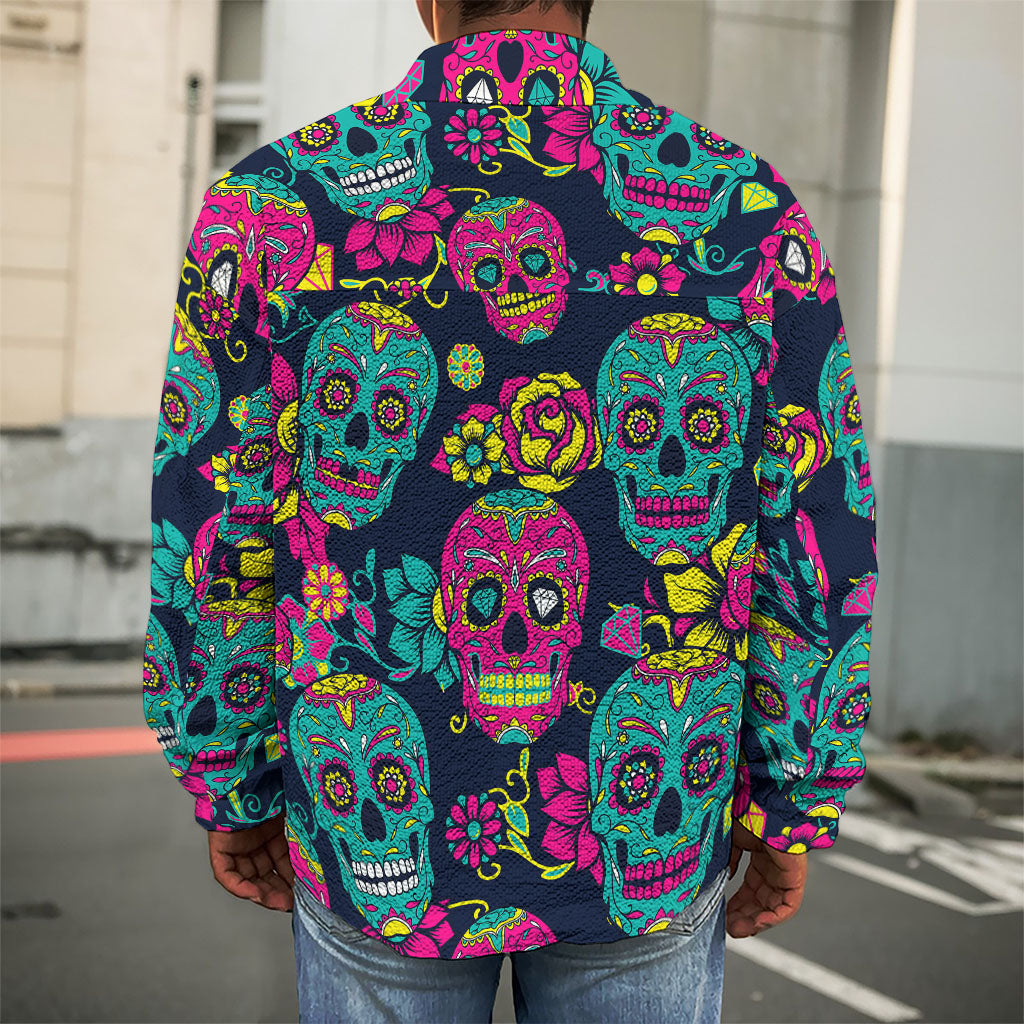Teal Pink Sugar Skull Pattern Print Men's Shirt Jacket