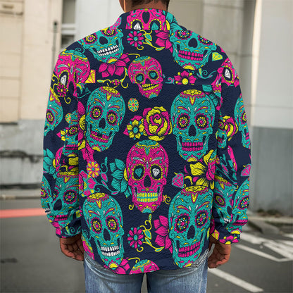 Teal Pink Sugar Skull Pattern Print Men's Shirt Jacket