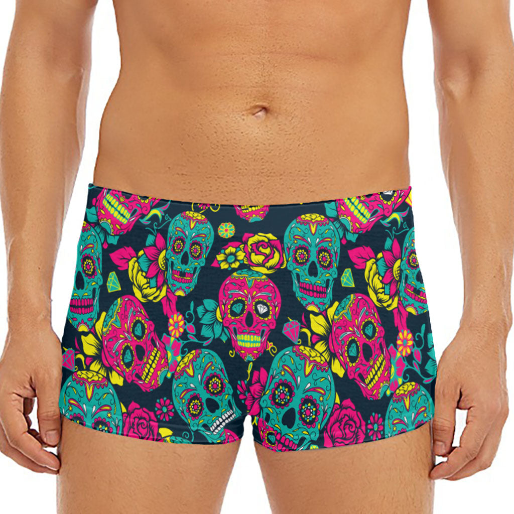 Teal Pink Sugar Skull Pattern Print Men's Short Boxer Briefs
