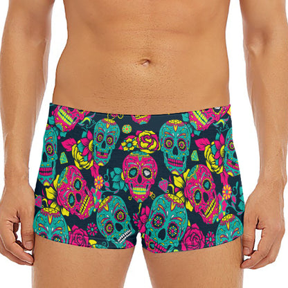 Teal Pink Sugar Skull Pattern Print Men's Short Boxer Briefs