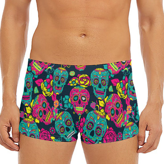 Teal Pink Sugar Skull Pattern Print Men's Short Boxer Briefs