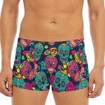 Teal Pink Sugar Skull Pattern Print Men's Short Boxer Briefs