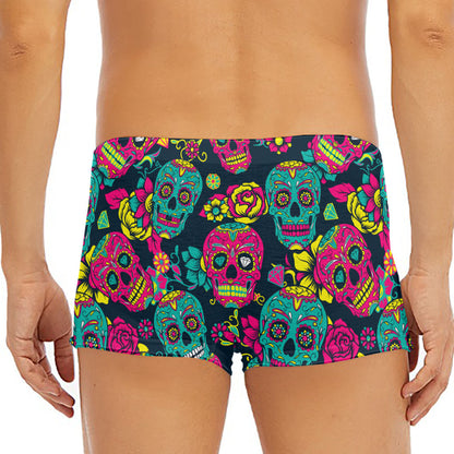 Teal Pink Sugar Skull Pattern Print Men's Short Boxer Briefs