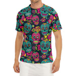 Teal Pink Sugar Skull Pattern Print Men's Short Sleeve Rash Guard