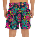 Teal Pink Sugar Skull Pattern Print Men's Split Running Shorts