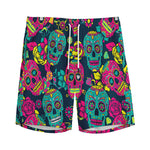 Teal Pink Sugar Skull Pattern Print Men's Sports Shorts