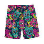 Teal Pink Sugar Skull Pattern Print Men's Sports Shorts