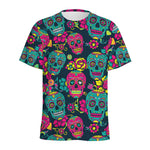 Teal Pink Sugar Skull Pattern Print Men's Sports T-Shirt