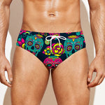 Teal Pink Sugar Skull Pattern Print Men's Swim Briefs