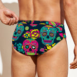 Teal Pink Sugar Skull Pattern Print Men's Swim Briefs