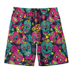 Teal Pink Sugar Skull Pattern Print Men's Swim Trunks