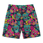 Teal Pink Sugar Skull Pattern Print Men's Swim Trunks