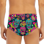 Teal Pink Sugar Skull Pattern Print Men's Triangle Swim Briefs