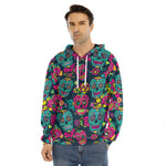 Teal Pink Sugar Skull Pattern Print Men's Velvet Pullover Hoodie