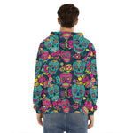 Teal Pink Sugar Skull Pattern Print Men's Velvet Pullover Hoodie