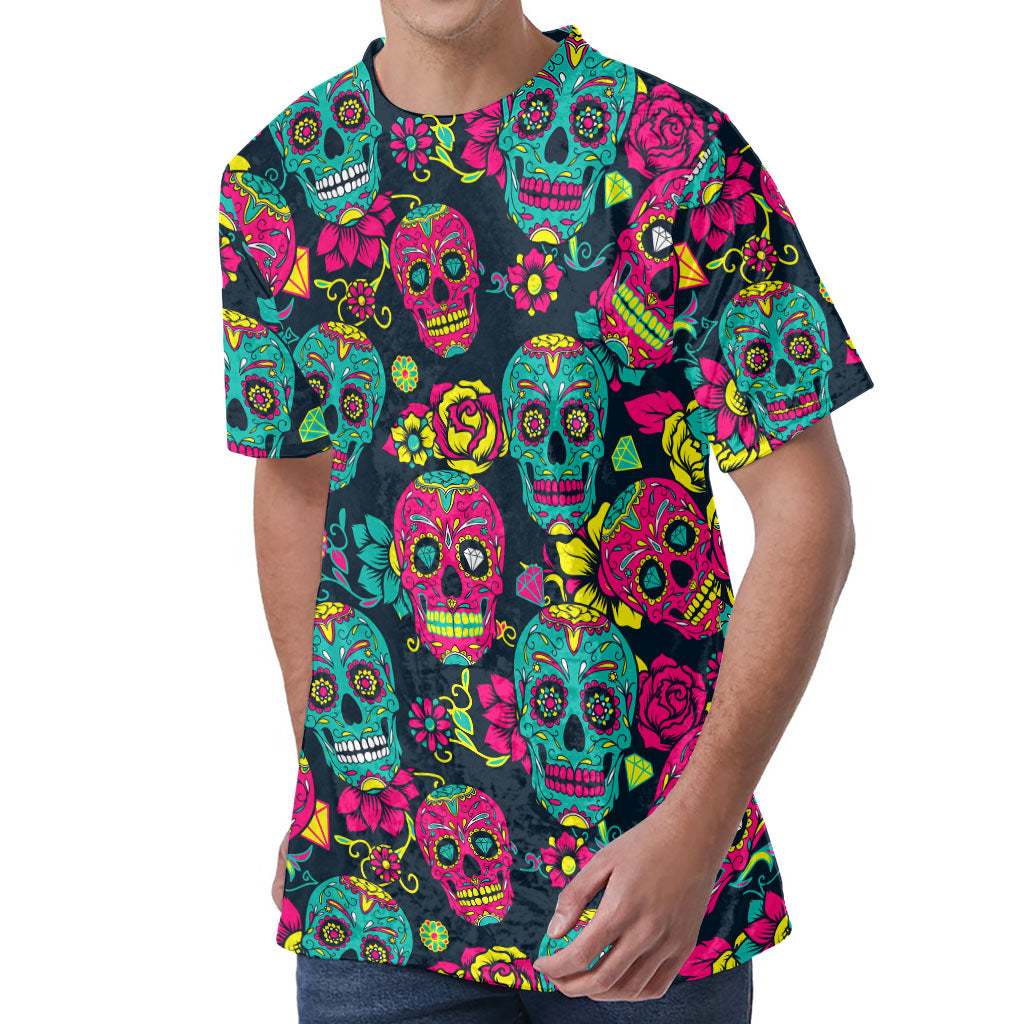 Teal Pink Sugar Skull Pattern Print Men's Velvet T-Shirt