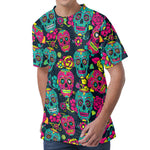 Teal Pink Sugar Skull Pattern Print Men's Velvet T-Shirt