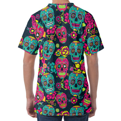 Teal Pink Sugar Skull Pattern Print Men's Velvet T-Shirt