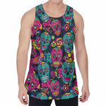 Teal Pink Sugar Skull Pattern Print Men's Velvet Tank Top