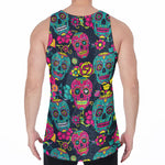 Teal Pink Sugar Skull Pattern Print Men's Velvet Tank Top