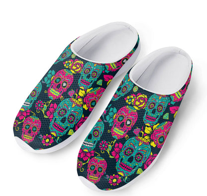 Teal Pink Sugar Skull Pattern Print Mesh Casual Shoes