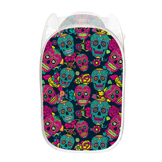 Teal Pink Sugar Skull Pattern Print Mesh Laundry Hamper
