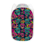 Teal Pink Sugar Skull Pattern Print Mesh Laundry Hamper
