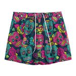 Teal Pink Sugar Skull Pattern Print Mesh Shorts
