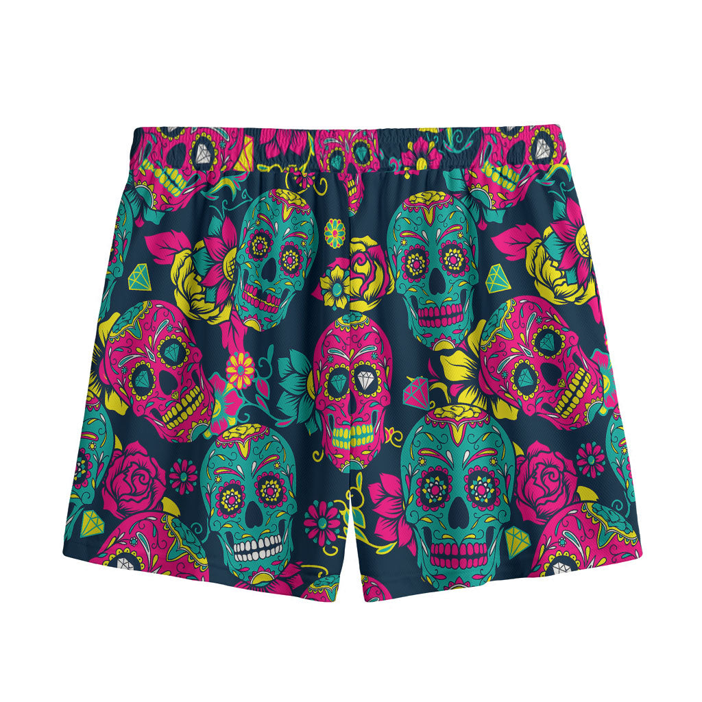 Teal Pink Sugar Skull Pattern Print Mesh Shorts