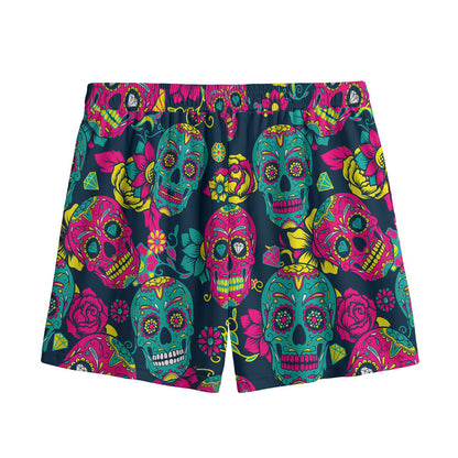 Teal Pink Sugar Skull Pattern Print Mesh Shorts