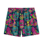 Teal Pink Sugar Skull Pattern Print Mesh Shorts