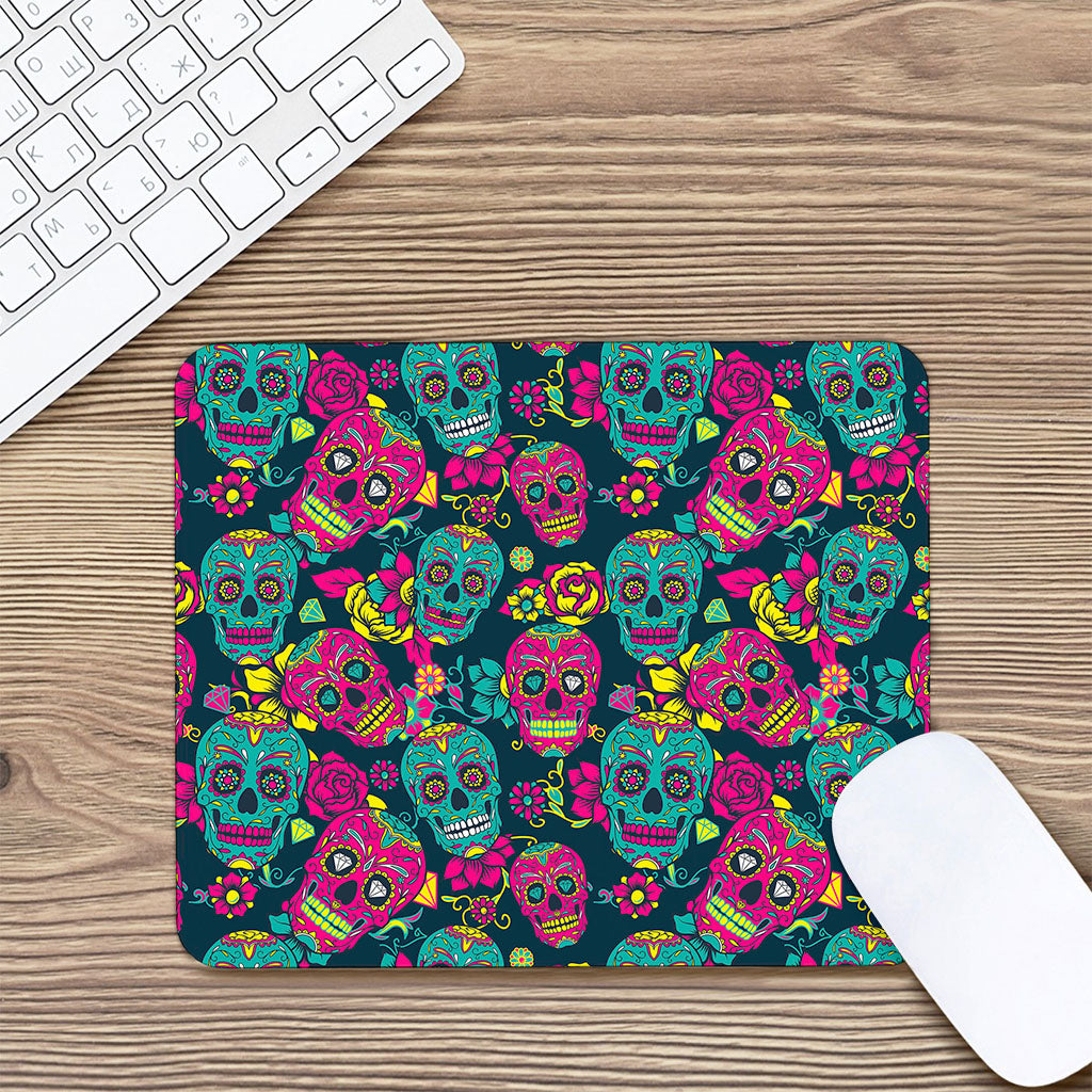Teal Pink Sugar Skull Pattern Print Mouse Pad