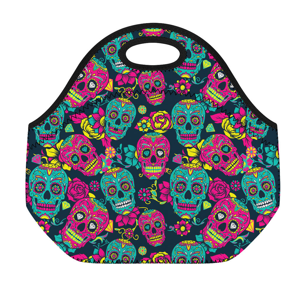 Teal Pink Sugar Skull Pattern Print Neoprene Lunch Bag