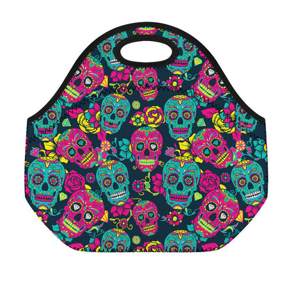 Teal Pink Sugar Skull Pattern Print Neoprene Lunch Bag