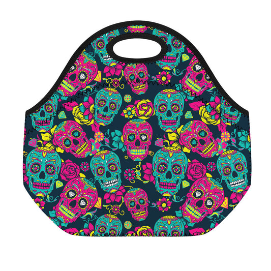 Teal Pink Sugar Skull Pattern Print Neoprene Lunch Bag