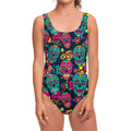 Teal Pink Sugar Skull Pattern Print One Piece Swimsuit