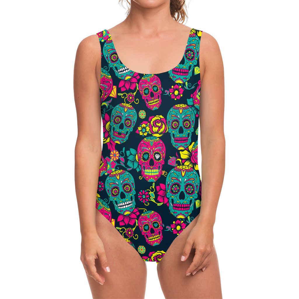 Teal Pink Sugar Skull Pattern Print One Piece Swimsuit