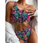 Teal Pink Sugar Skull Pattern Print One Shoulder Bikini Top