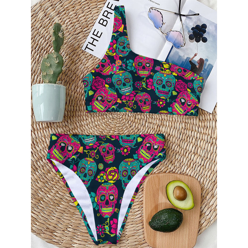 Teal Pink Sugar Skull Pattern Print One Shoulder Bikini Top