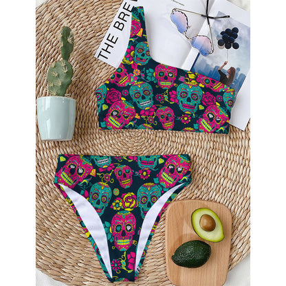 Teal Pink Sugar Skull Pattern Print One Shoulder Bikini Top