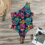 Teal Pink Sugar Skull Pattern Print One Shoulder Bodysuit