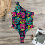 Teal Pink Sugar Skull Pattern Print One Shoulder Bodysuit