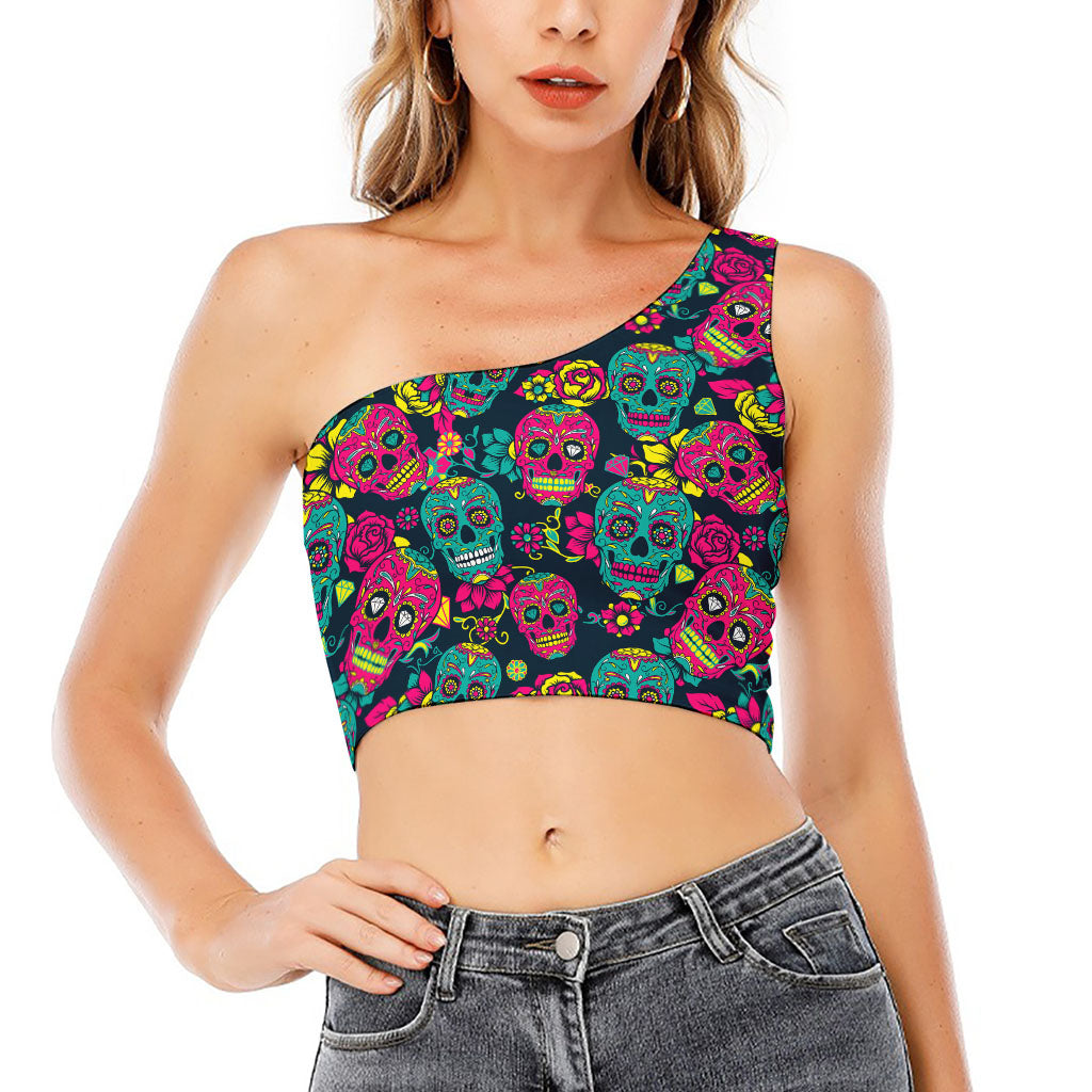 Teal Pink Sugar Skull Pattern Print One Shoulder Crop Top
