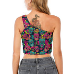 Teal Pink Sugar Skull Pattern Print One Shoulder Crop Top