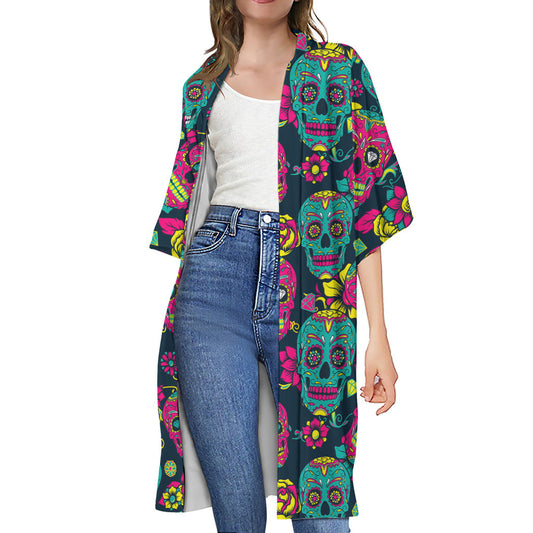 Teal Pink Sugar Skull Pattern Print Open Front Beach Cover Up