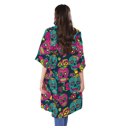 Teal Pink Sugar Skull Pattern Print Open Front Beach Cover Up
