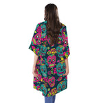 Teal Pink Sugar Skull Pattern Print Open Front Beach Cover Up