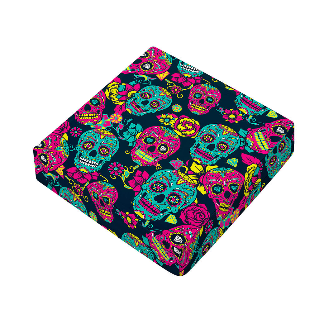 Teal Pink Sugar Skull Pattern Print Outdoor Seat Cushion Cover